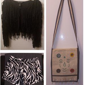 On Trend Black Jacket   Black and White Shorts  Multi Color Bag. It's a Bundle.